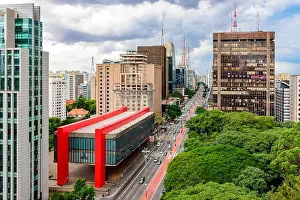 Paulista avenue, financial center of Sao Paulo and Brazil and the MASP seen from above with its commercial buildings and intense movement of people a