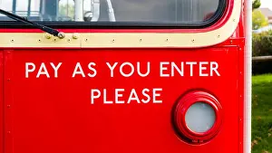 Fares Prints: Pay as You Enter Sign, London Double Decker Bus, London, Britain