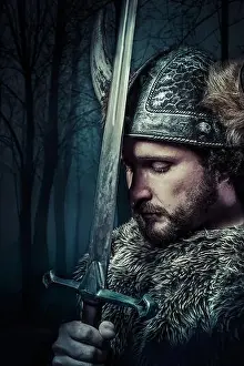 Disgust Prints: Peace, Viking warrior, male dressed in Barbarian style with sword, bearded