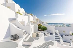 Images Dated 11th October 2019: Peaceful view in Santorini, Greece with white architecture cruise ships, Mediterranean summer mood