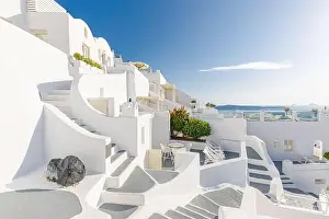 Peaceful view in Santorini, Greece with white architecture cruise ships, Mediterranean summer mood, vacation and travel background. Luxury destination