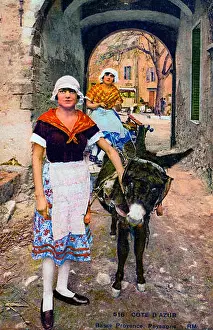 Farmers Prints: Peasant women, from Côte d'Azur, Basse Provence, France. With donkey