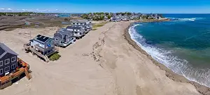 Cape Coast Prints: Peggotty Beach and historic waterfront houses aerial view in town of Scituate