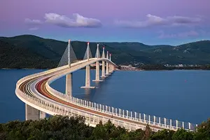 Peljesac Bridge, Croatia. Image of beautiful modern multi-span cable-stayed Peljesac Bridge over the sea in Dubrovnik-Neretva County, Croatia at sunri