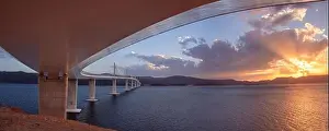 Peljesac Bridge, Croatia.Panoramic image of beautiful modern multi-span cable-stayed Peljesac Bridge over the sea in Dubrovnik-Neretva County, Croatia