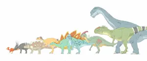 Armored Prints: Pencil drawing illustrating various dinosaurs and their comparative sizes