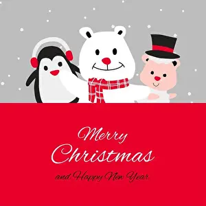 Claus Prints: penguin polar bear and puppy are happy emotion with Christmas invitation card design