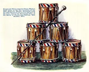Peninsular War, six French drums and a silver-mounted drum major's staff, spoils of war taken by the 2nd Battalion of the 34th Regiment