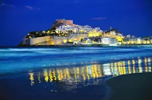Peniscola Prints: Peniscola Castle and beach at night, Peniscola, Valencia, Spain