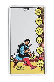 Telling Prints: Eight of Pentacles isolated on white. Tarot card
