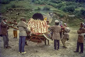 Hindu Festival Prints: People carrying palanquin dussehra festival sarahan himachal pradesh, India, Asia