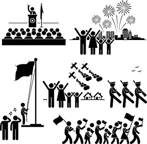 Pictograms Prints: People Celebrating National Day Independence Patriotic Holiday Stick Figure Pictogram Icon