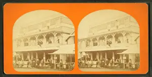 1885 Prints: People gathered in front of and on the balcony of a large building