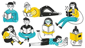 Clever Prints: People reading books. Young women and men in cozy poses enjoying hobby