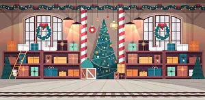 Gift Box Prints: no people santa claus factory with gifts and decorated christmas tree new year winter holidays celebration concept