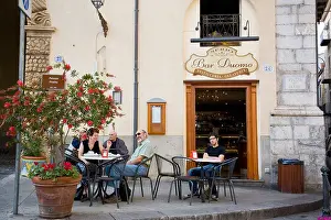 Things Prints: People sitting at outdoor tables at The Bar Duomo Pasticceria and Gelateria Piazza Duomo Cefalu Sicily Italy