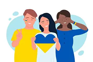 Donate Prints: People standing together with heart in yellow blue national colors of Ukrainian flag