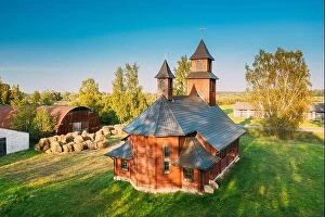 Aerial Landscape Collection: Perebrod'ye, Braslaw District, Vitebsk Voblast, Belarus. Aerial View Of Catholic Temple of
