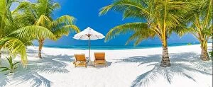 Images Dated 16th January 2017: Perfect beach panorama, palms two sun beds and umbrella near the sea, idyllic beach scene