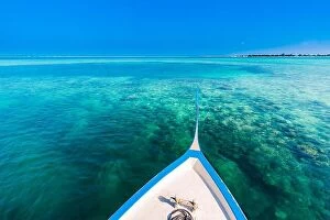Images Dated 6th January 2017: Perfect summer holiday concept in Maldives island. Dhoni boat in blue sea heading over tropical