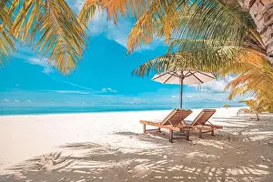 Perfect sunset beach. Idyllic tropical beach landscape for background or wallpaper. Design of summer vacation holiday, couple destination pastel color