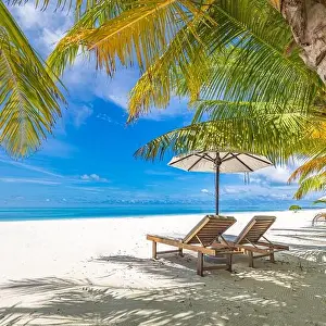Perfect sunset beach. Idyllic tropical beach landscape for background or wallpaper. Design of summer vacation holiday, couple destination pastel color