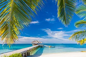 Perfect tranquil beach view, soft sunlight and white sand and blue endless sea as tropical landscape. Luxury resort hotel, vacation and holiday scene