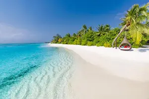 Coco Prints: Perfect tropical beach. Romantic hammock or swing on white sand beach and palm trees under blue sky
