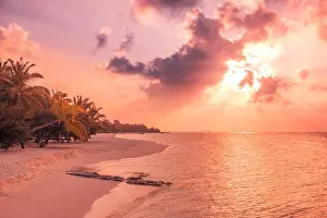 Sky Island Prints: Perfect tropical beach sunset. Beach banner in sunset time