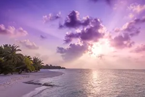 Perfect tropical beach sunset. Beach banner in sunset time. Calm and tranquil exotic nature landscape. Inspirational beach scene