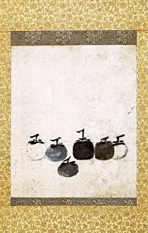 Process Prints: Six Persimmons by Chinese Buddhist monk Muqi Fachang (ca1210-1269) spontaneous painting made during the Song dynasty