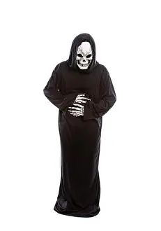 Suffer Prints: Person dressed in grim reaper or death ghost Halloween costume feeling sick or has upset stomach