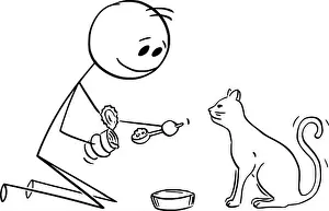 Domestic Cat Prints: Person Feeding Domestic Cat, Vector Cartoon Stick Figure Illustration