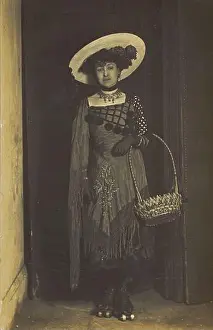 Embroidered Prints: A person wearing a dress, large hat and roller skates
