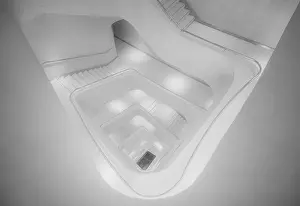 Infinity Prints: From above of perspective contemporary illuminated stairway in white color going spiral