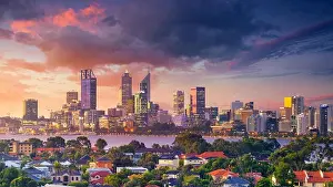 Western Australia Prints: Perth. Panoramic aerial cityscape image of Perth skyline, Australia during dramatic sunset