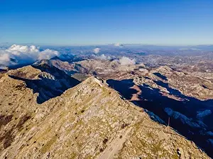 Petar II Petrovic-Njegos mausoleum on the top of mount Lovchen in Montenegro. Aerial view, drone