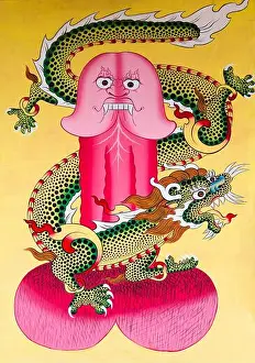 Bhutan Prints: Phallus painting on the wall of a handicraft store, Punakha, Bhutan