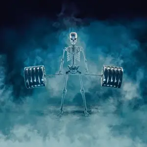 Athlete Prints: The phantom deadlift / 3D illustration of scary fitness skeleton lifting heavy barbell emerging through smoke
