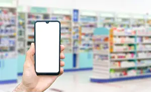 Checkout Prints: Pharmacy background. Blur counters of pharmacy with medicines