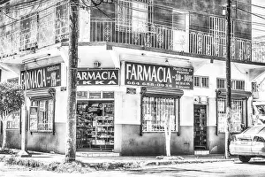 Pharmacy Prints: A pharmacy shot in black and white, on a street corner in Tijuana, Mexico