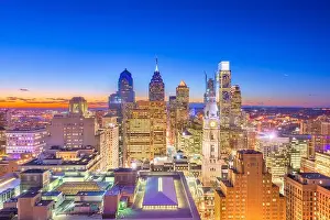 Philadelphia, Pennsylvania, USA downtown city skyline rooftop view at dusk
