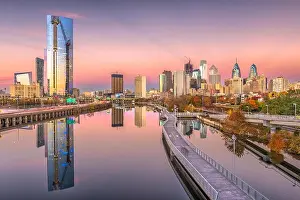 Philadelphia, Pennsylvania, USA downtown city skyline on the Schuylkill River at twilight