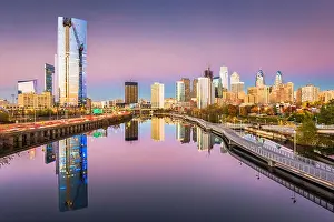 Philadelphia, Pennsylvania, USA downtown city skyline on the Schuylkill River at twilight