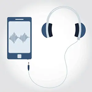 Headset Prints: Phone and cable with plug and headphone. Sound wave symbol showing on monitor. Flat design