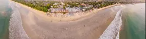 Photo from the air, from the drone Balinese Jimbaran beach famous for it's perfect sea food restaurants