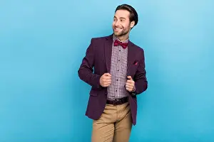 Well Dressed Prints: Photo of charming attractive male look empty space see advertisement promotion isolated on blue color background
