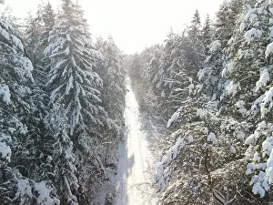 photo from a flying drone, a small planet and a winter landscape, pines and spruces are covered with snow