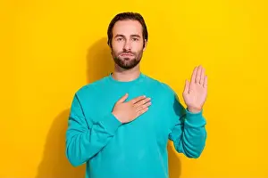 Solemn Prints: Photo of honest oath brunet hair young serious man touch chest palm showing trust respect confident person isolated