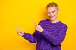 Pullover Prints: Photo of positive attractive blonde short hair woman wear knit sweater fingers direct mockup new tv series ad isolated